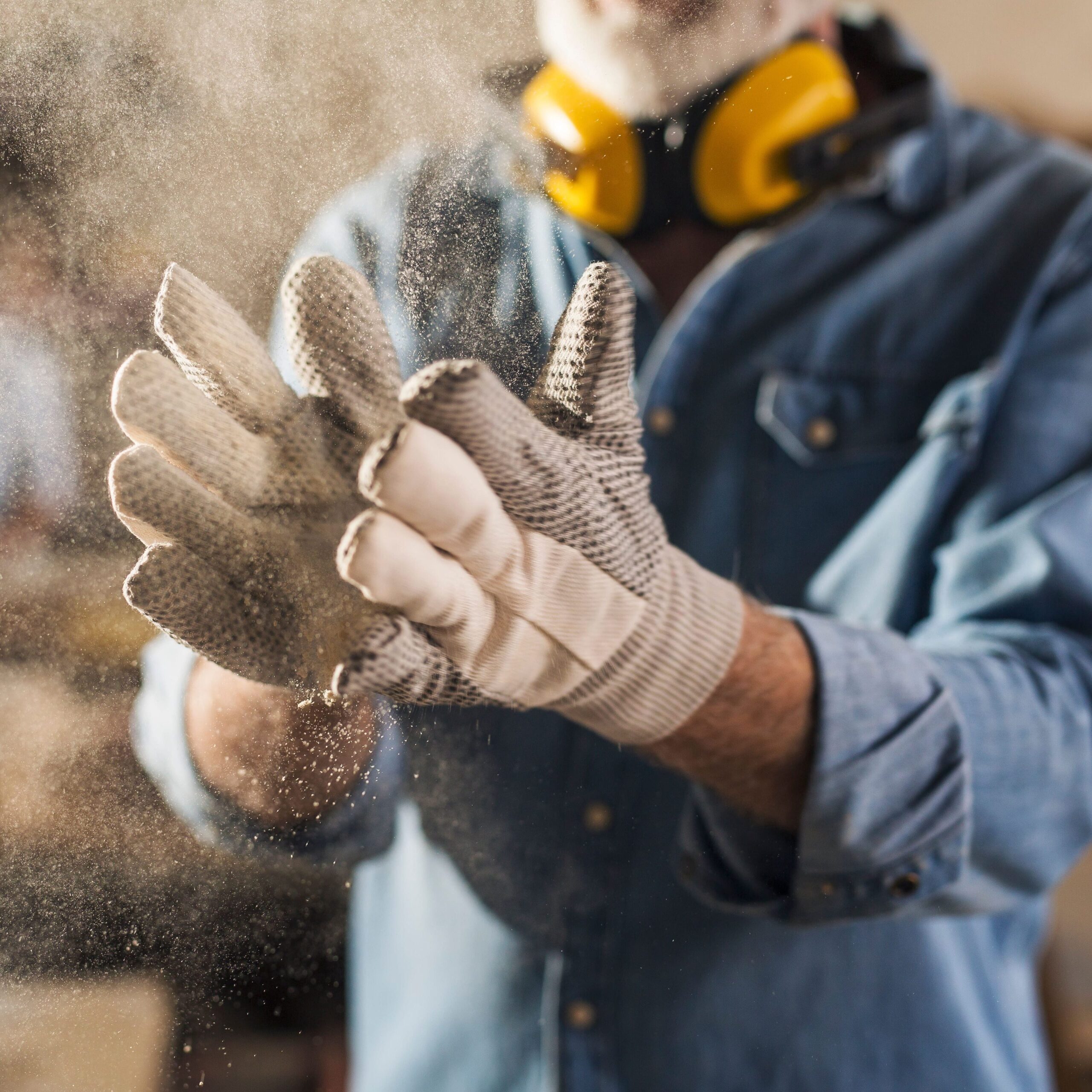 A closeup of a worker shaking off dust on gloved hands.